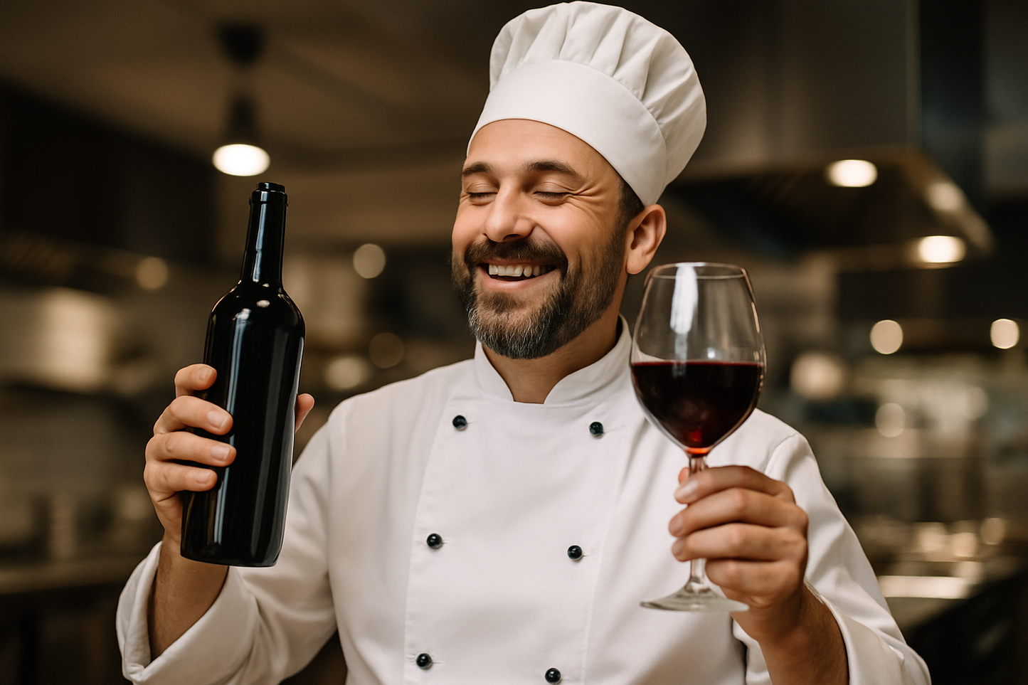 ein Chefkoch in einer modernen Küche, er hält eine Rotweinflasche in einen Hand und ein großes Weinglas mit Rotwein darin in der anderen Hand. Das Etikett der Flasche ist nicht sichtbar. Das Foto zeigt den Oberkörper des Kochs und sein Gesicht, die Küche im Hintergrund ist unscharf. Er freut sich über die Flasche Wein