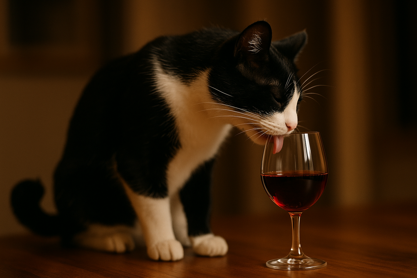 fotorealistisches Bild von einer schwarz-weißen Katze mit kuppiertem Schwanz, die einen Rotwein aus einem Weinglas trinkt